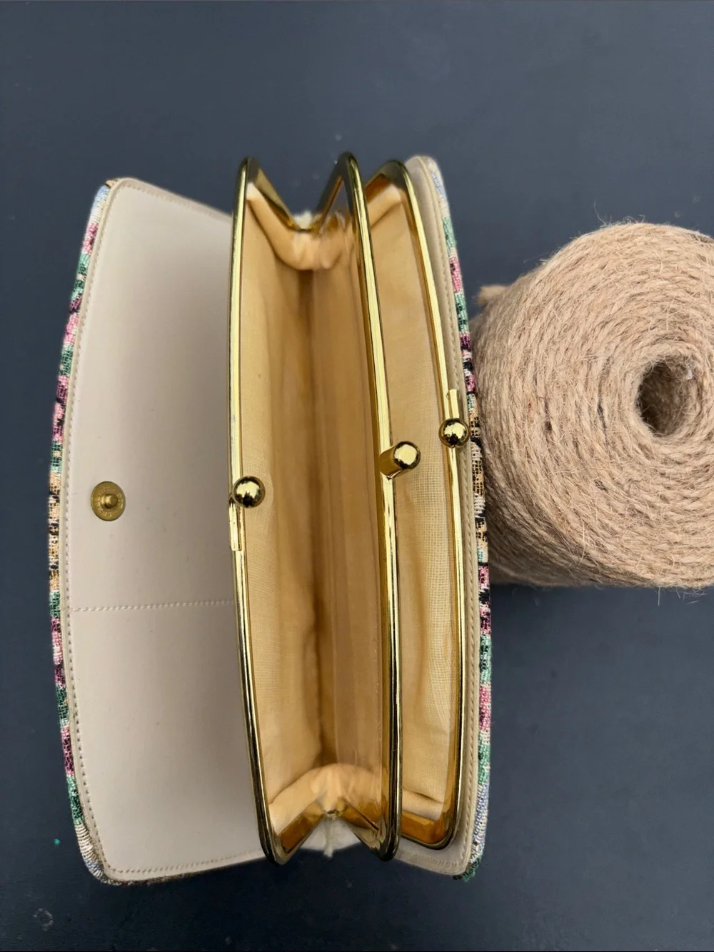 Vintage Tapestry Clutch wallet featuring a classic 18Th-Century Courting Scene
